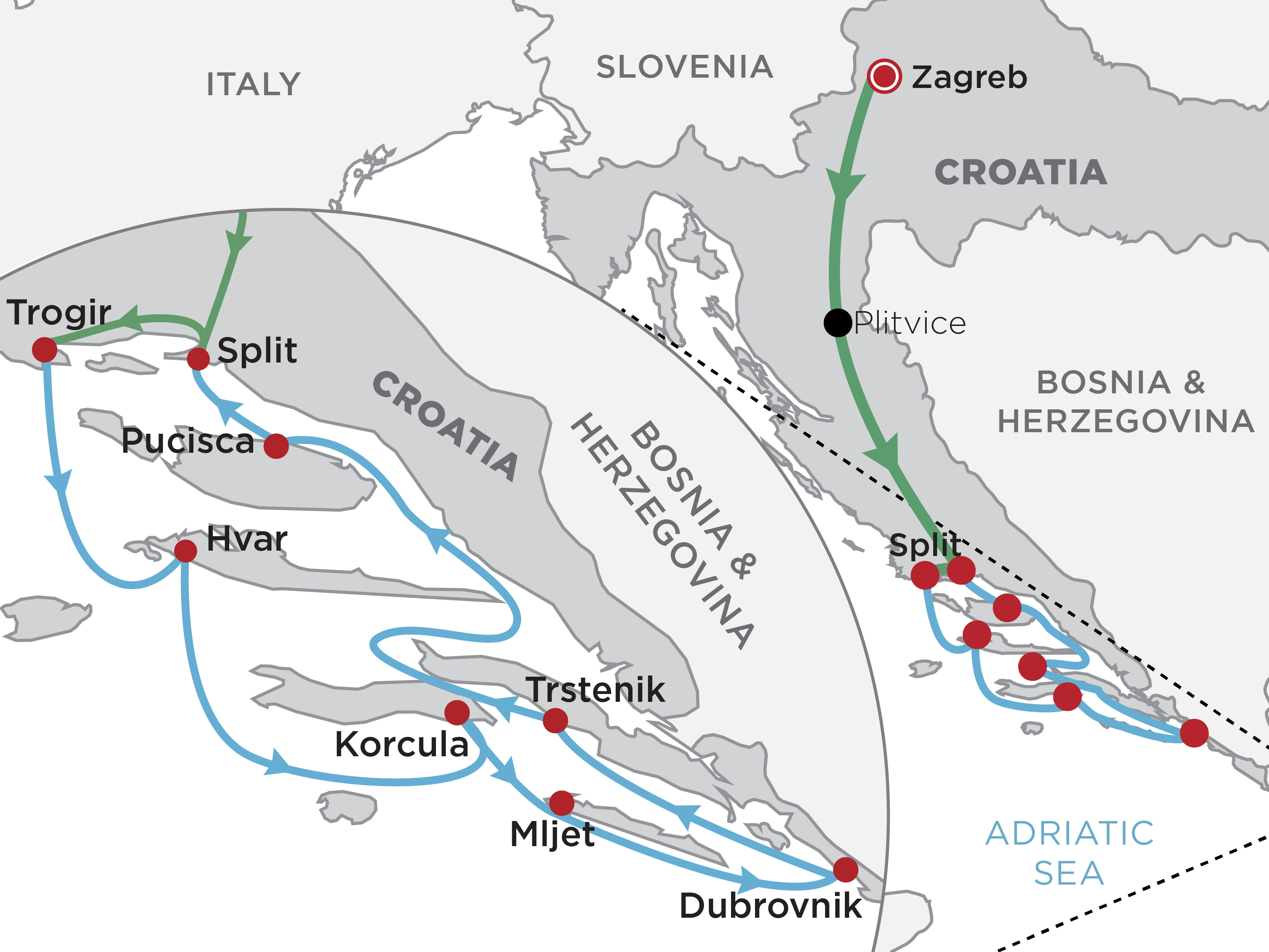 Route map for Best of Croatia Deluxe