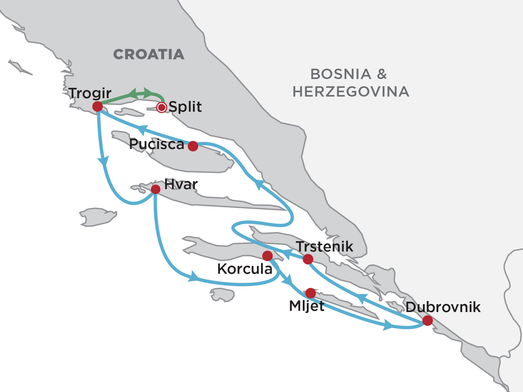 Route map for Deluxe Croatia Cruise